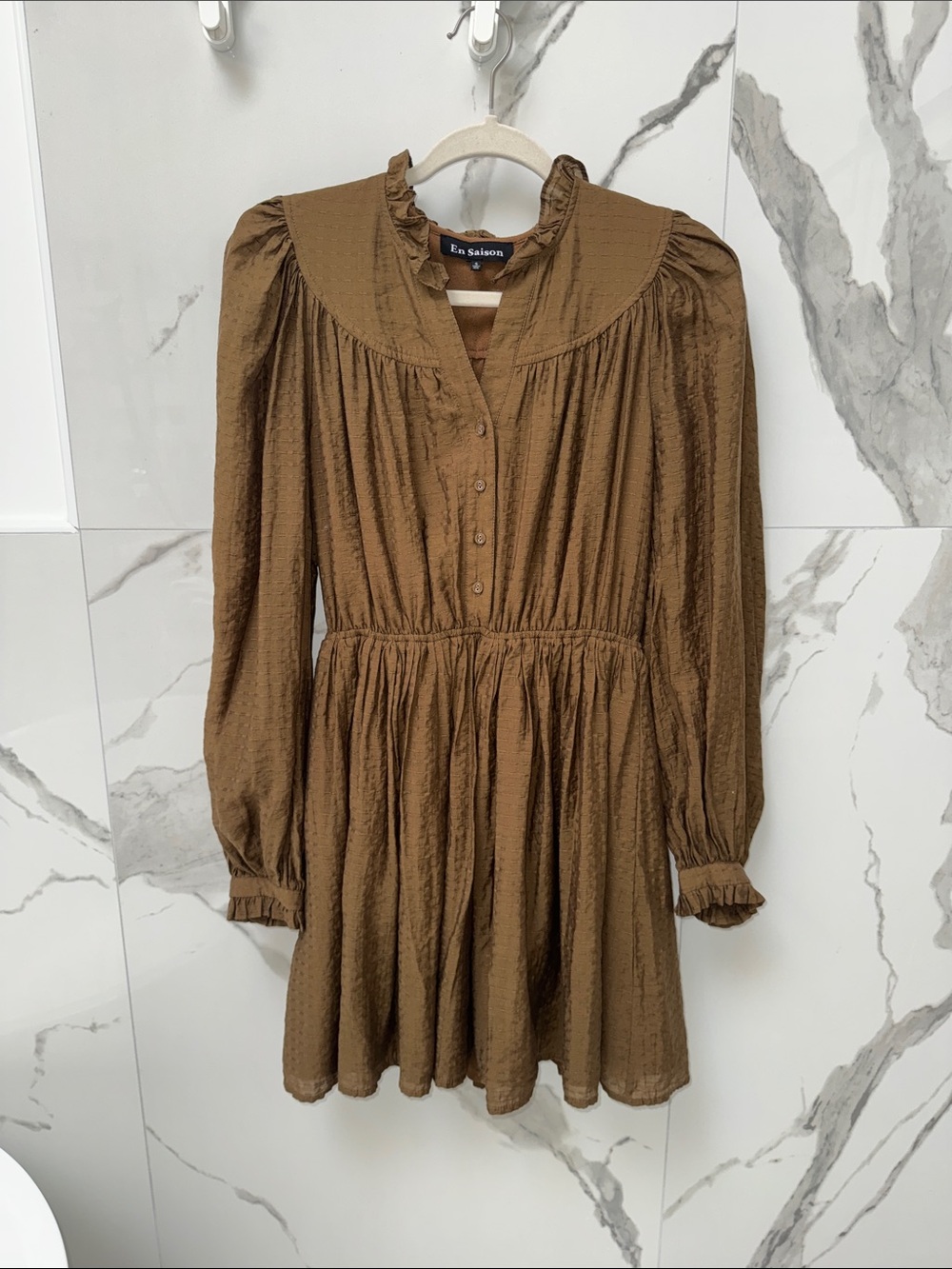 En Saison Brown Textured Long Sleeve Ruffled Mini Dress